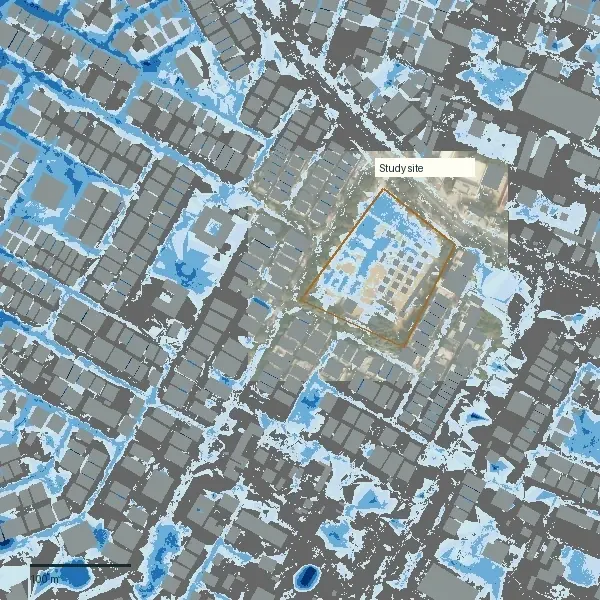 Saved surface-water depth at 3 hours 15 minutes with the proposed works